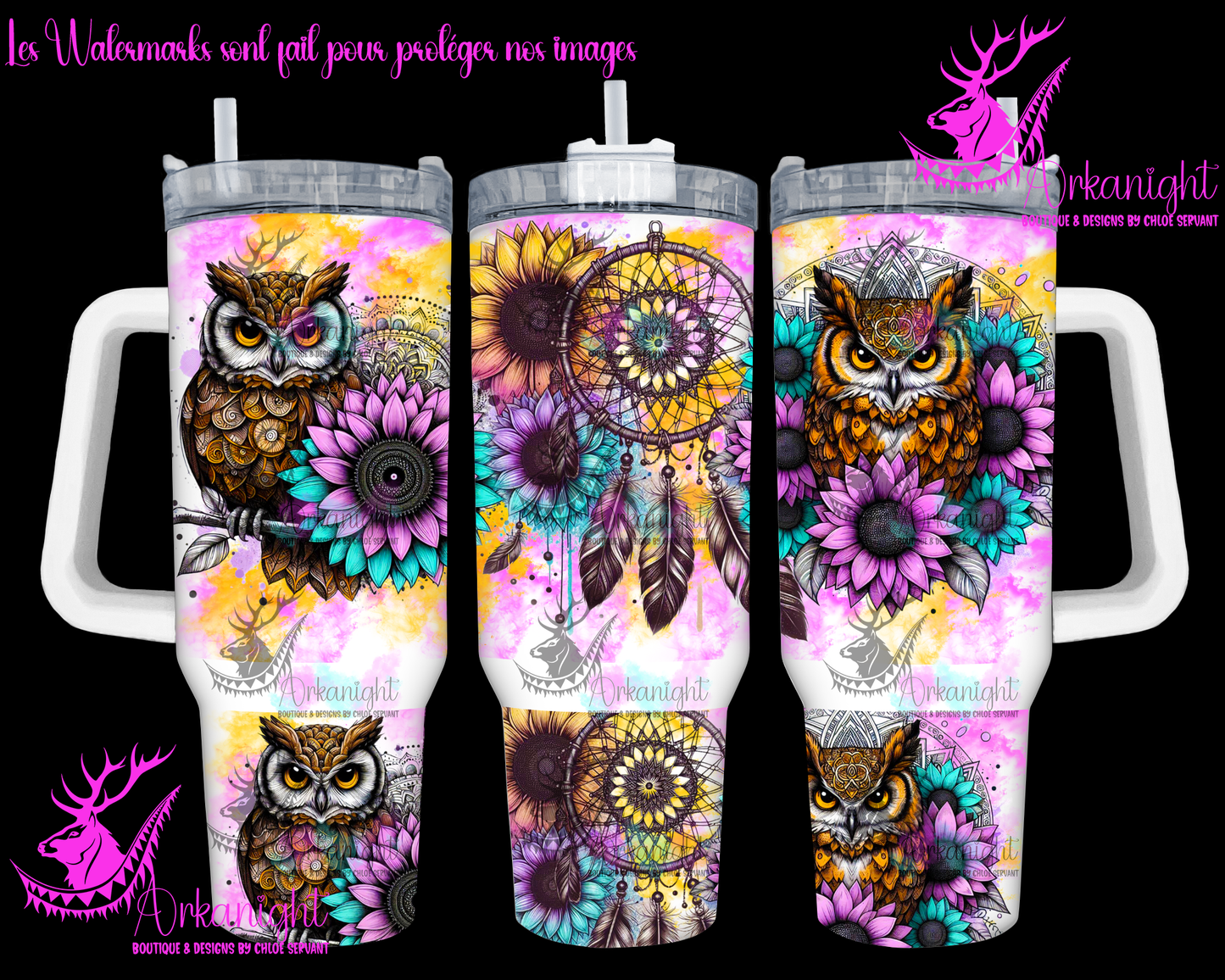 Gourde 40 oz sur commande - Watercolor Boho Owls
