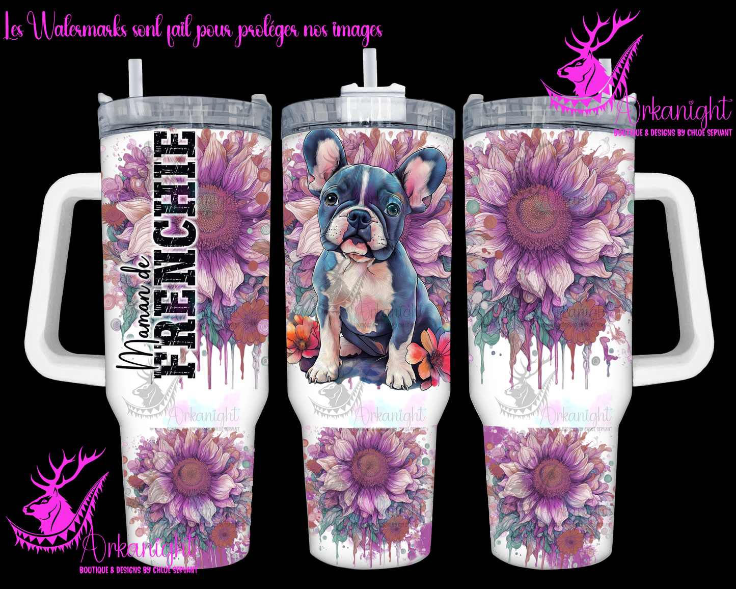 Gourde 40 oz sur commande - Maman de Frenchie - Black & White