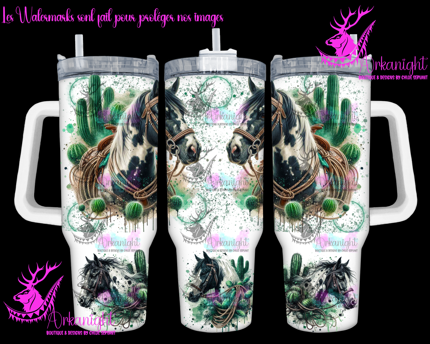 Gourde 40 oz sur commande - Watercolor Boho Black & White Paint Horses-02