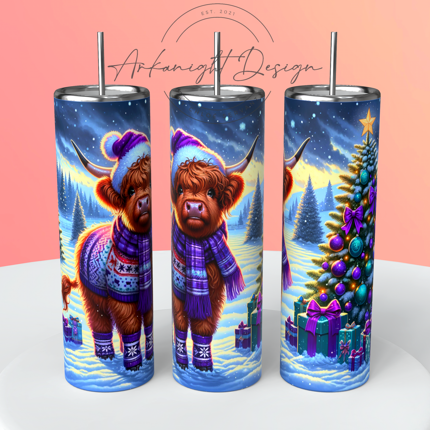 Gourdes - Red Highland cow with purple light