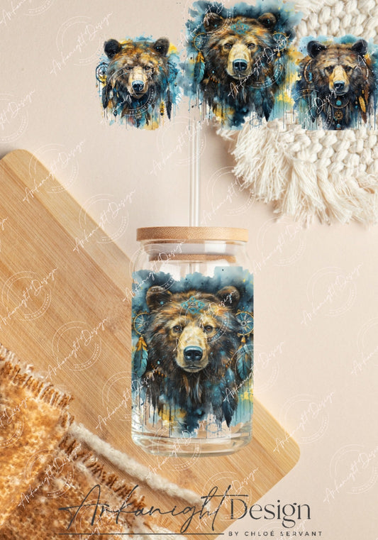 0330 -UV DTF - 16 oz libbey glass - Watercolor Boho Bear