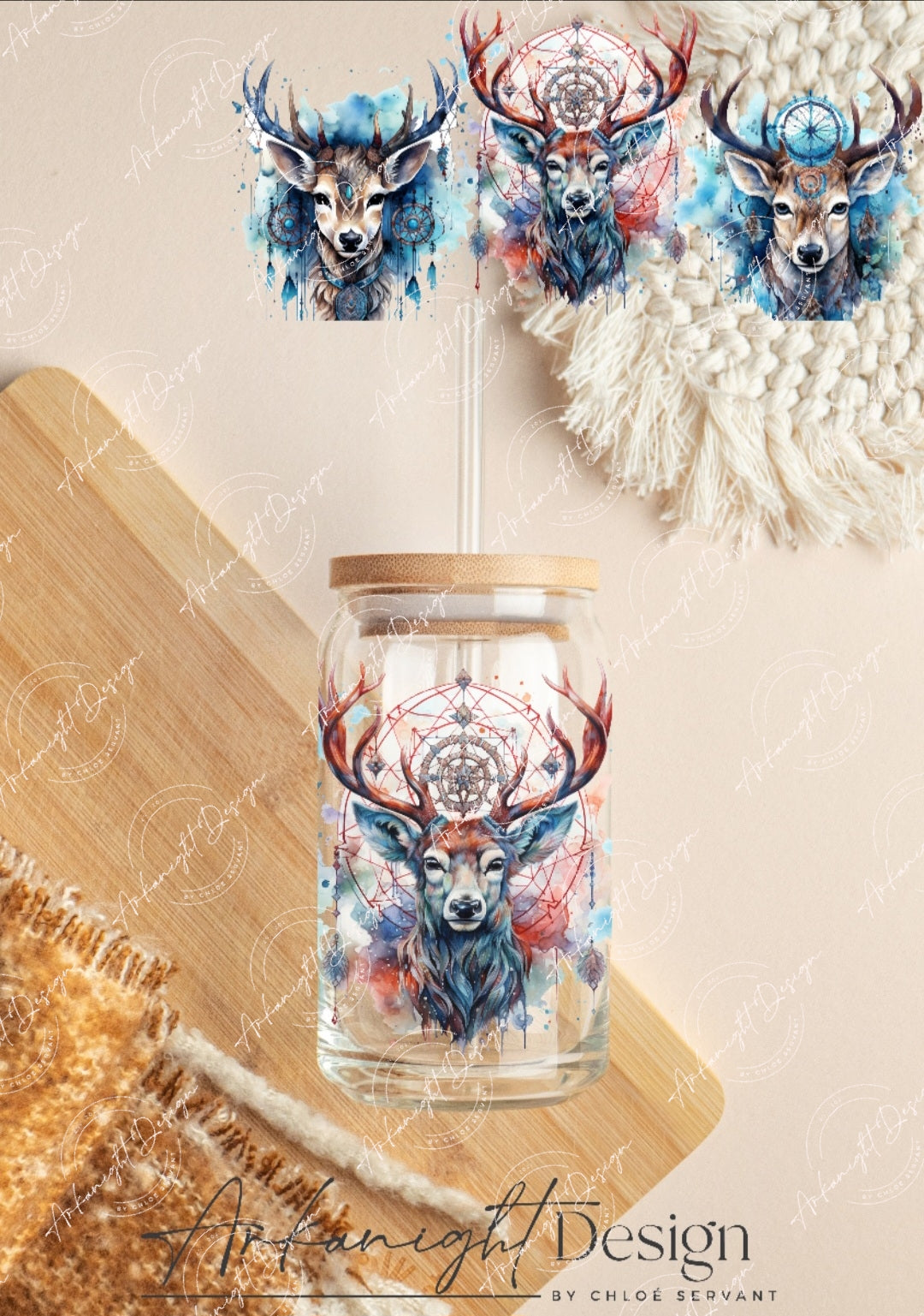 0329 -UV DTF - 16 oz libbey glass - Watercolor Boho Deer