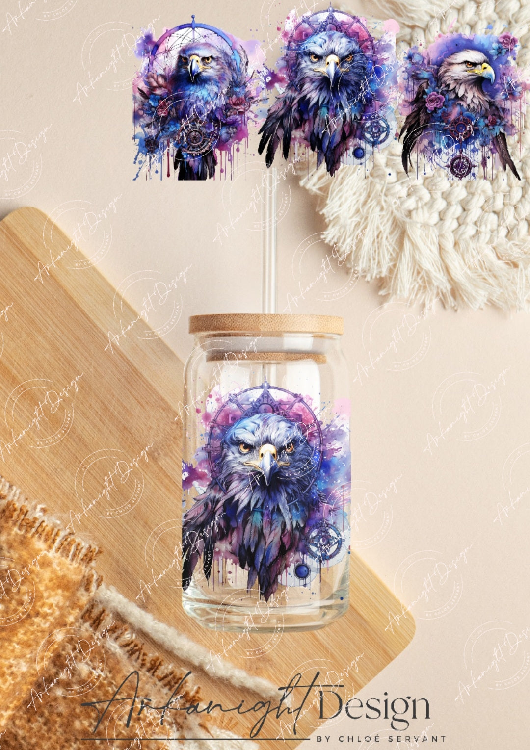 0327 -UV DTF - 16 oz libbey glass - Watercolor Boho Eagle