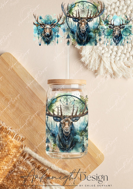 0324 -UV DTF - 16 oz libbey glass - Watercolor Boho Moose