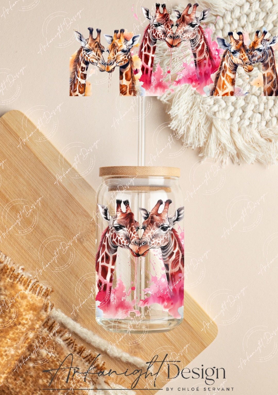 0325 -UV DTF - 16 oz libbey glass - Watercolor Giraffe