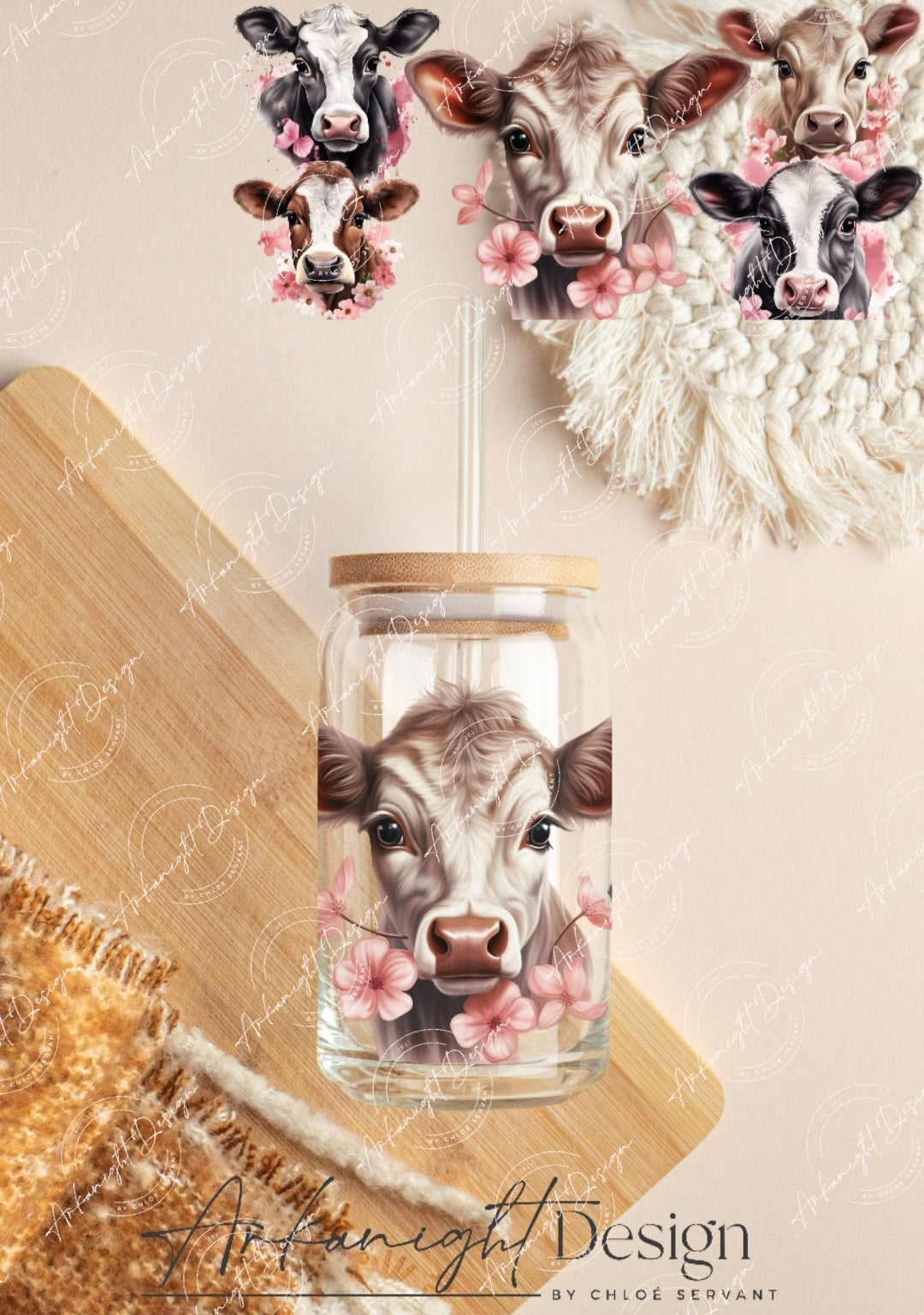 0288 -UV DTF - 16 oz libbey glass - Cute Pink Flower Cow