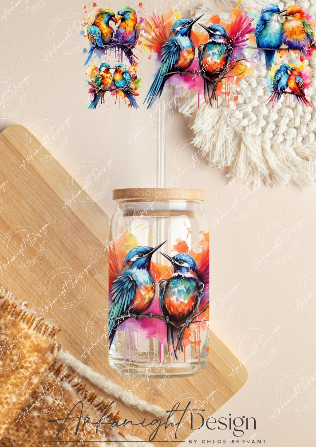 0124 -UV DTF - 16 oz libbey glass - Watercolor Bird