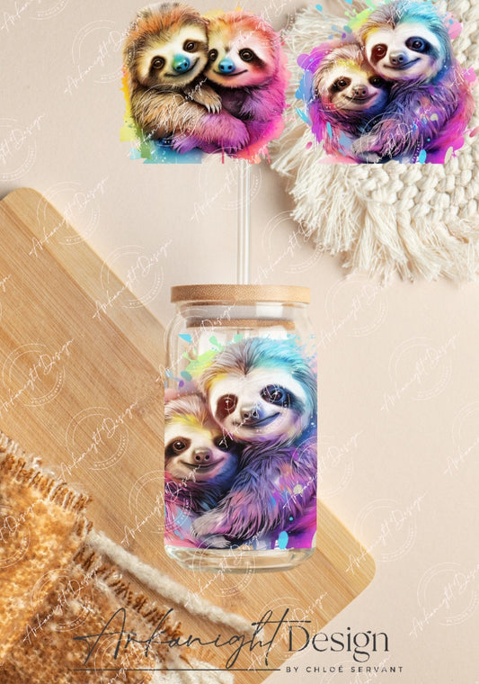 0123 -UV DTF - 16 oz libbey glass - Watercolor Sloth