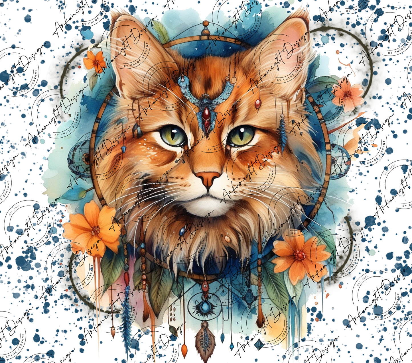 Watercolor Boho Ginger Cat