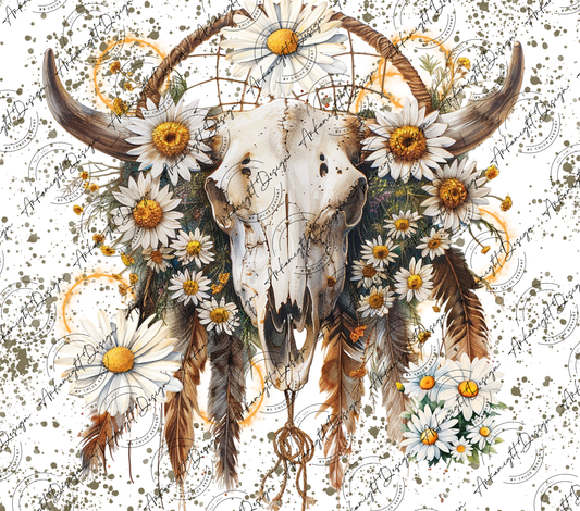 Watercolor Boho Cow Skull & Daisies