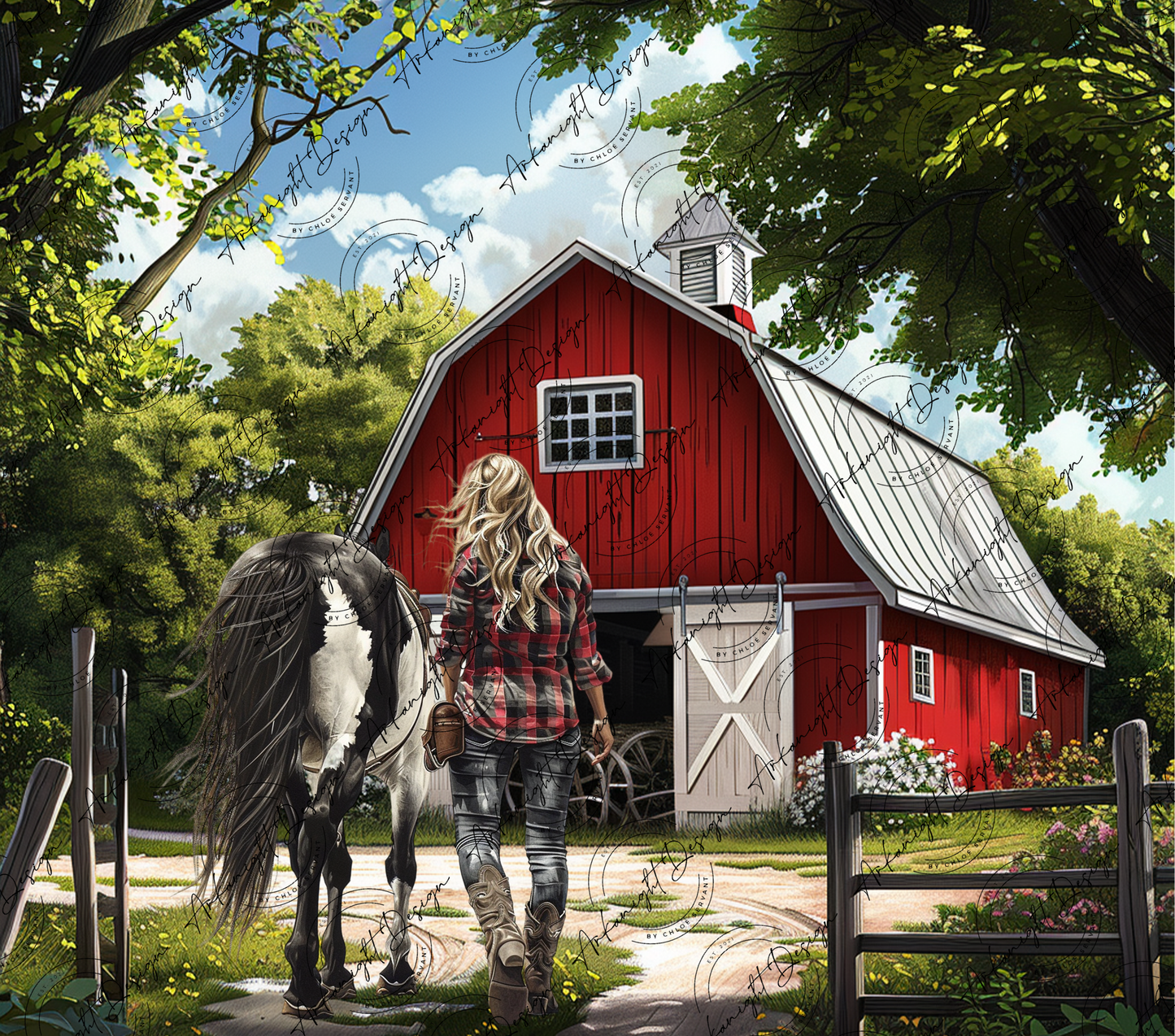 Paint Horse & Red Plaid Girl