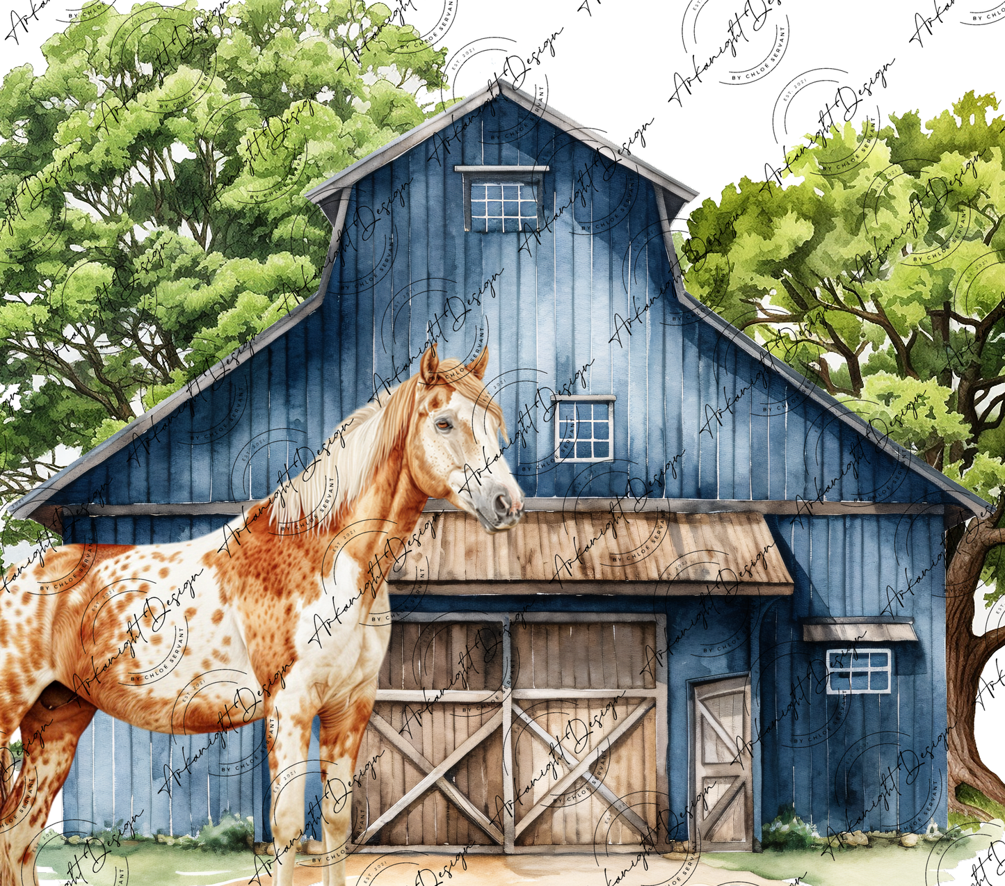 Horse and Blue Barn