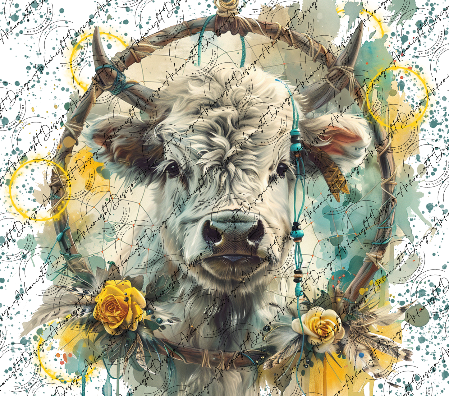 Watercolor Boho White Highland Cow