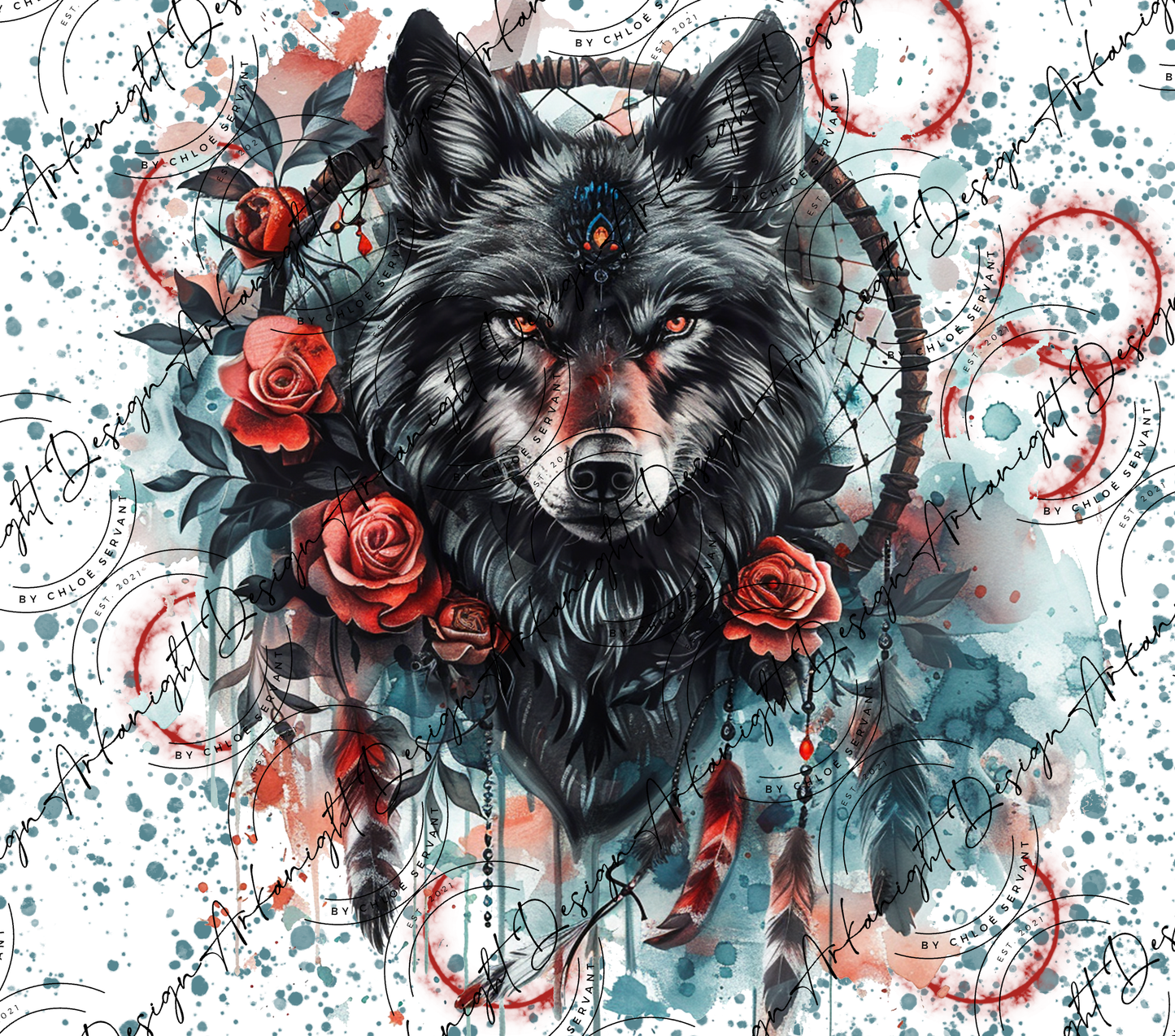 Watercolor Boho Black Wolf