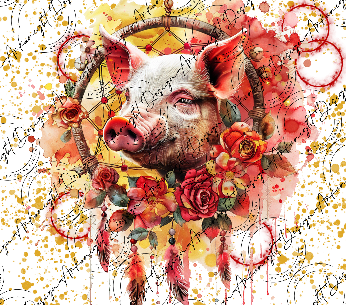 Watercolor Boho Pig