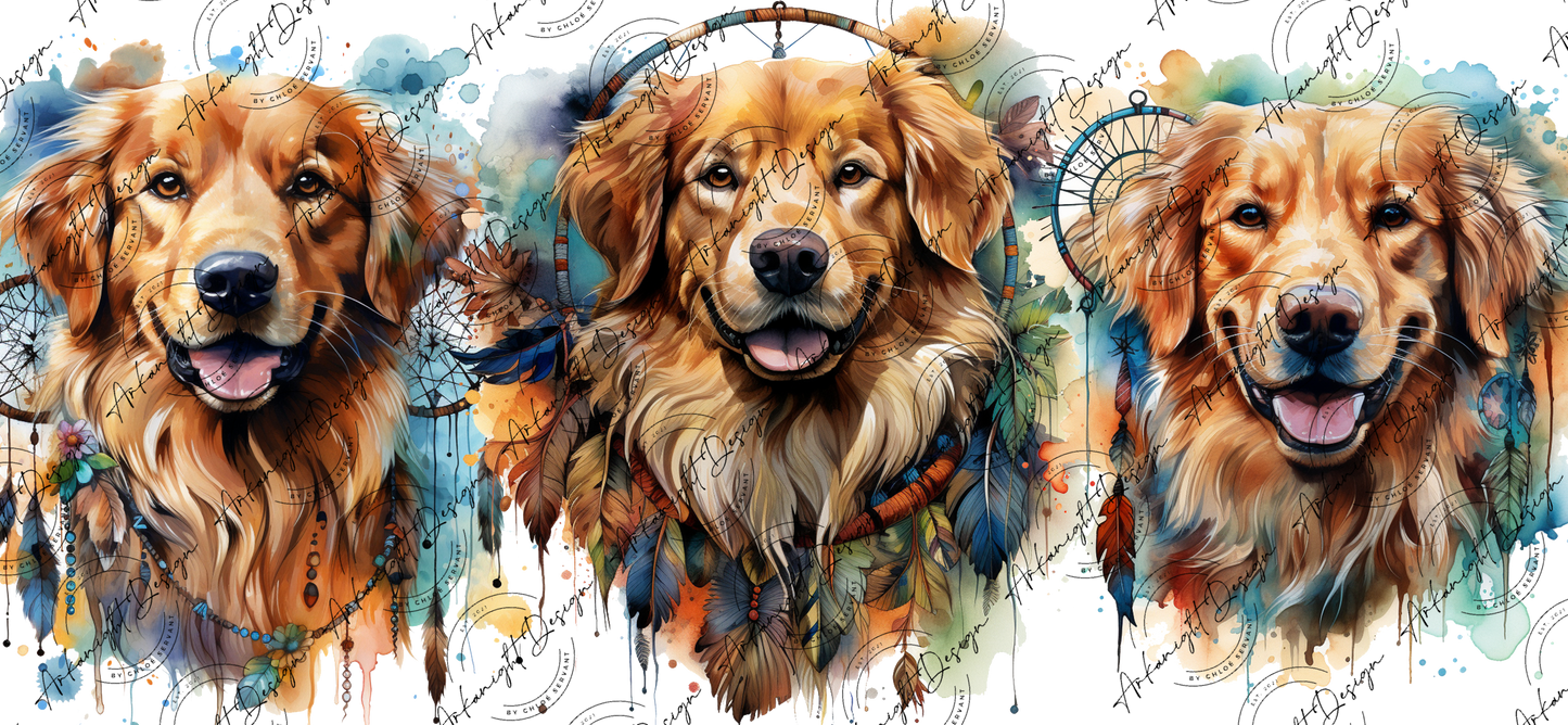 0109 -UV DTF - 16 oz libbey glass - Watercolor Boho Golden Retriever