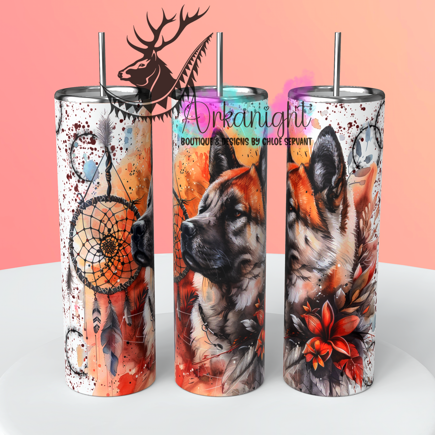 Gourde sur commande - Watercolor Boho American Akita - 03