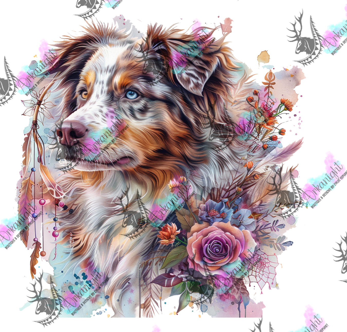 0356 -UV DTF - Décalque - 16 oz libbey glass - watercolor boho Red Merle Australian Shepherd