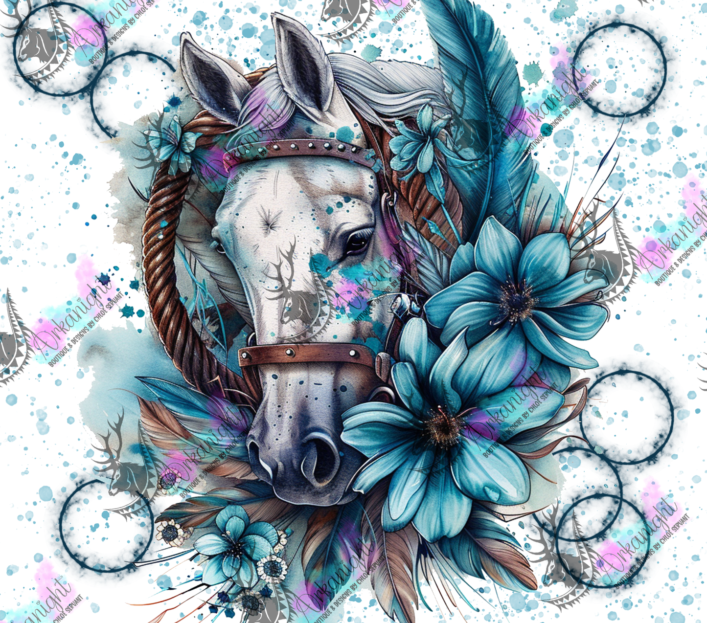 Numérique - Watercolor Boho White Horse - Turquoise