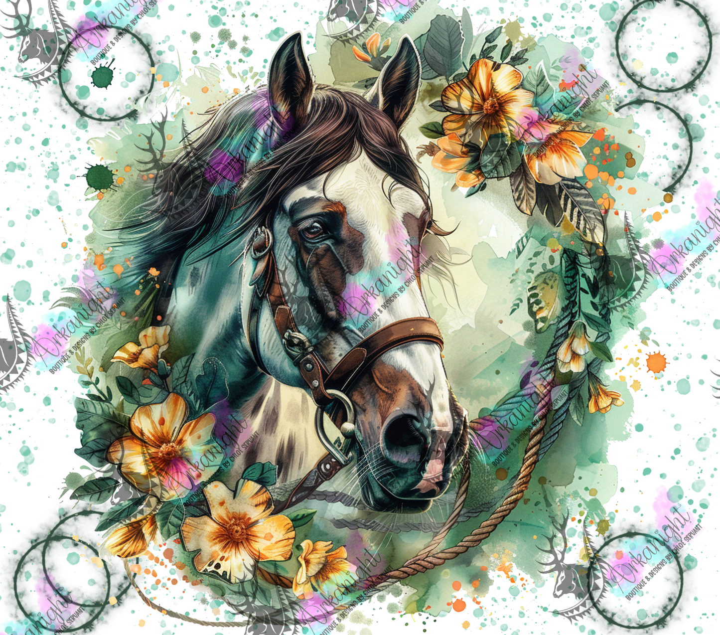 Numérique - Vie de Cowgirl - Watercolor Boho Paint Horse - Green - 01