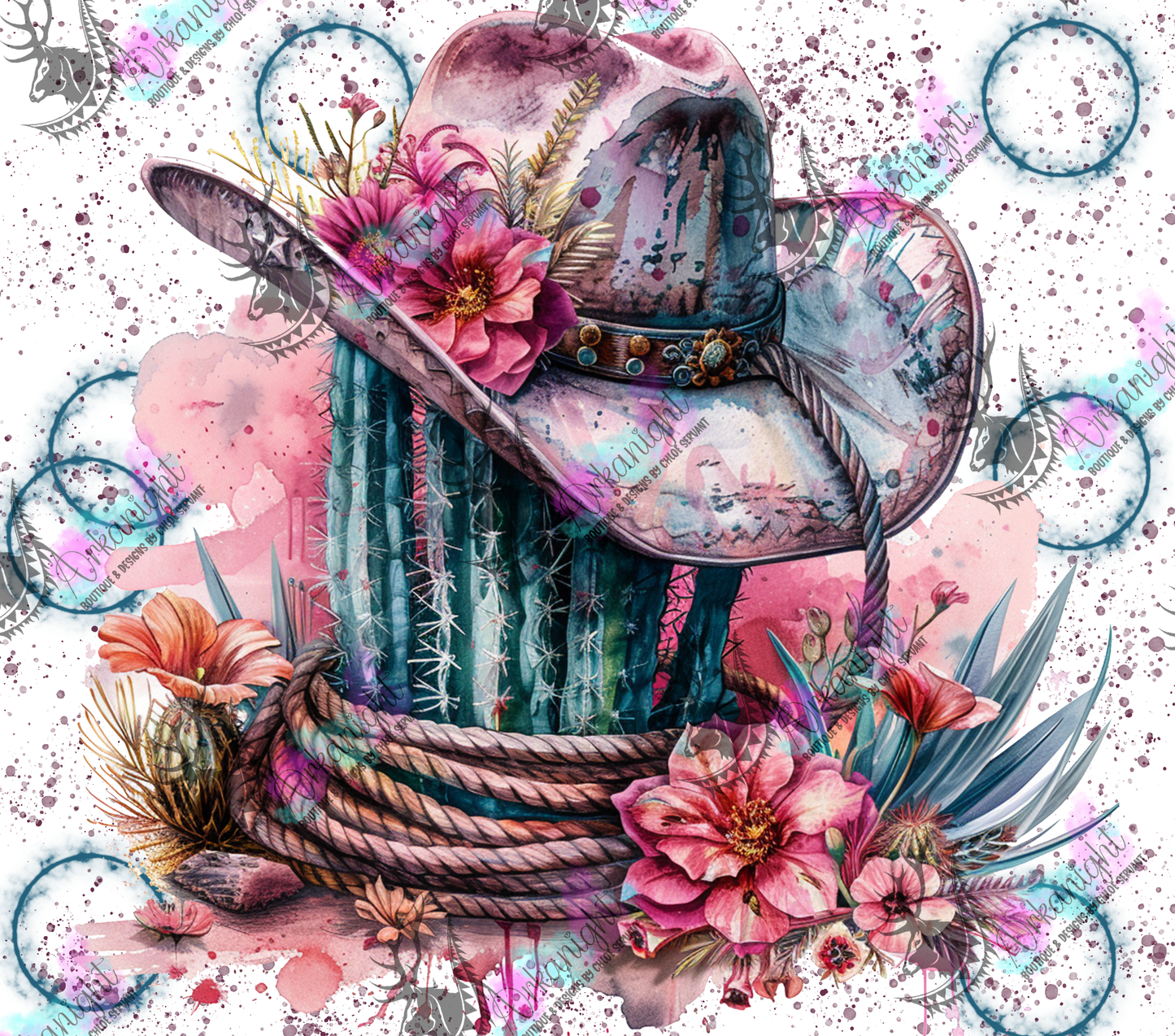 Impression - Watercolor Cowgirl Hat & Cactus - Pink