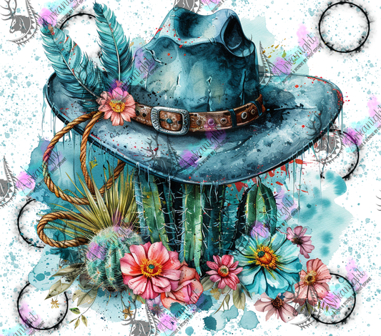 Impression - Watercolor Cowgirl Hat & Cactus - Turquoise