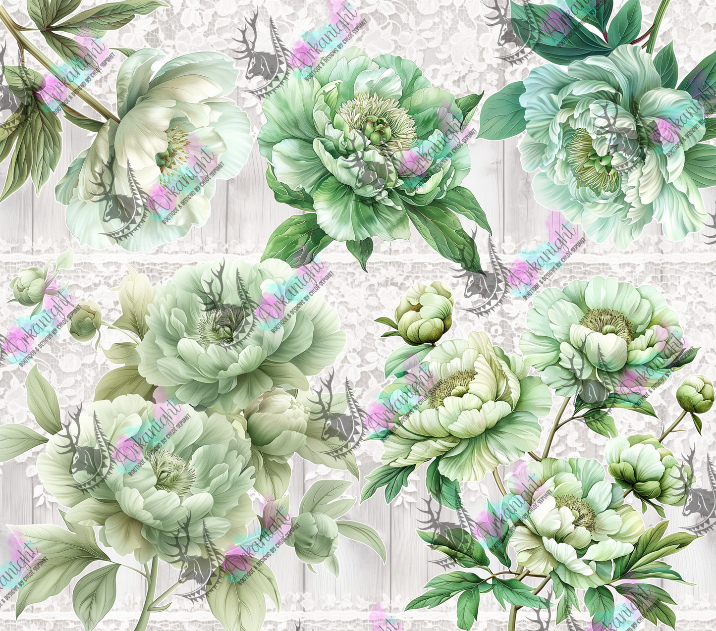 Numérique - Light Green Peonies and Lace