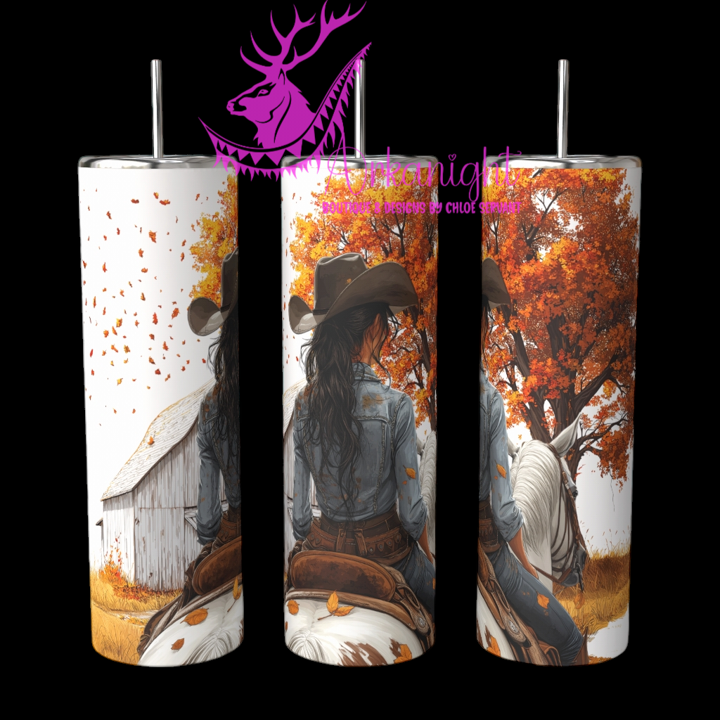 Gourde sur commande - Autumn 2024 - Collection Autumn at the Ranch - Black Hair Cowgirl & Paint Horse - 02