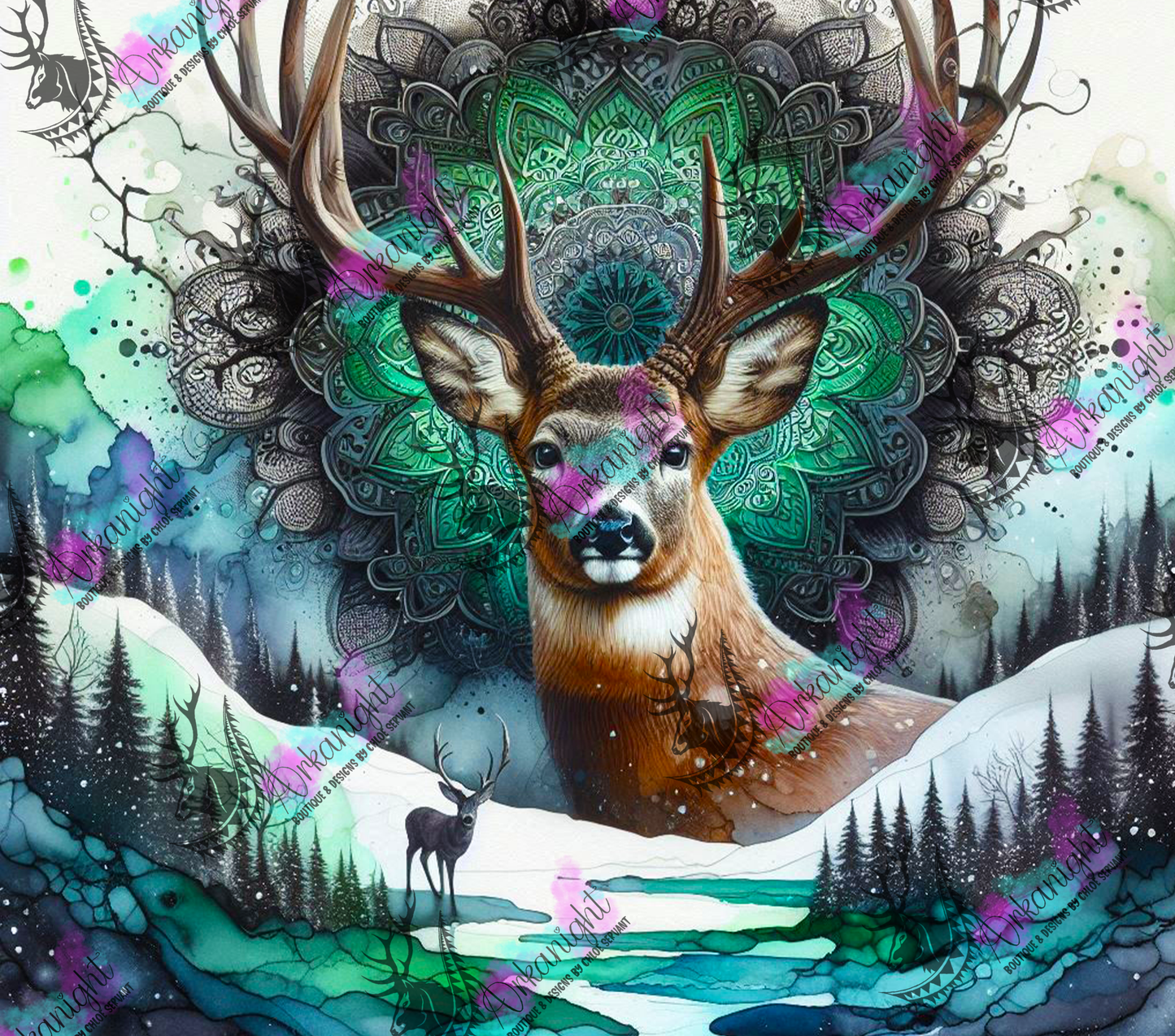 Numérique - Collection Hiver 2024 - Green & Blue Boho Winter Deer - 01