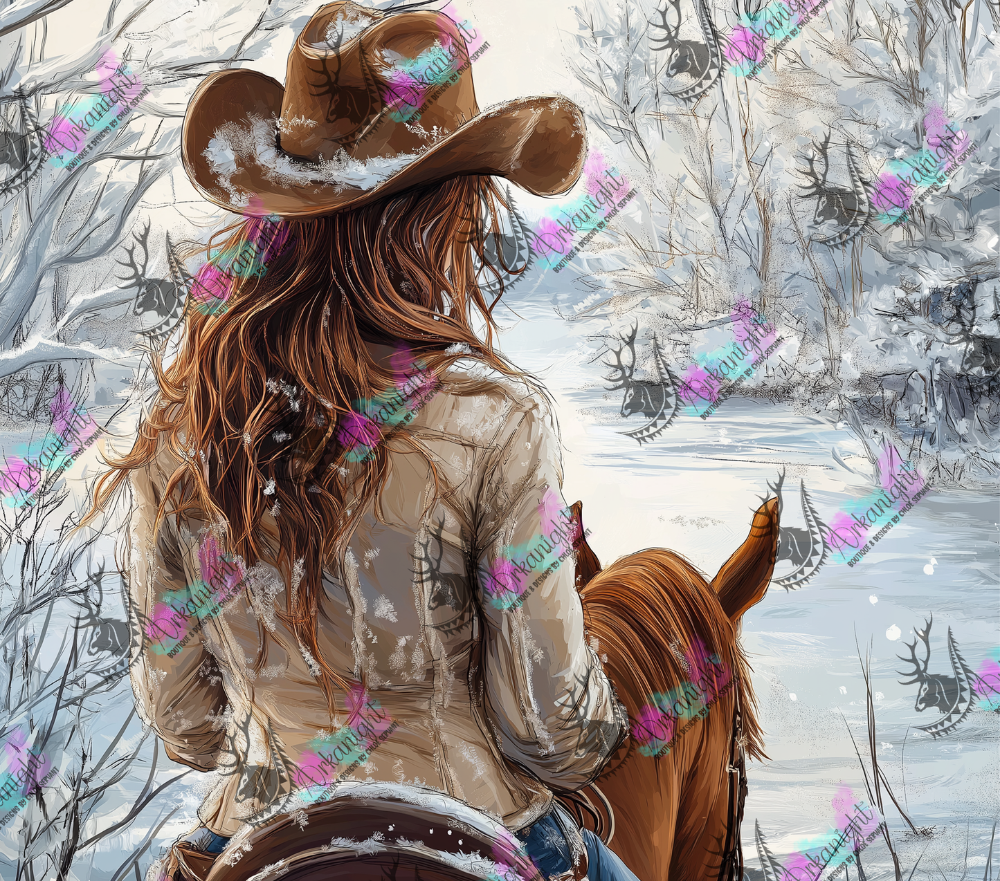 Numérique - Collection Hiver 2024 - Blond Cowgirl riding a Chestnut Horse