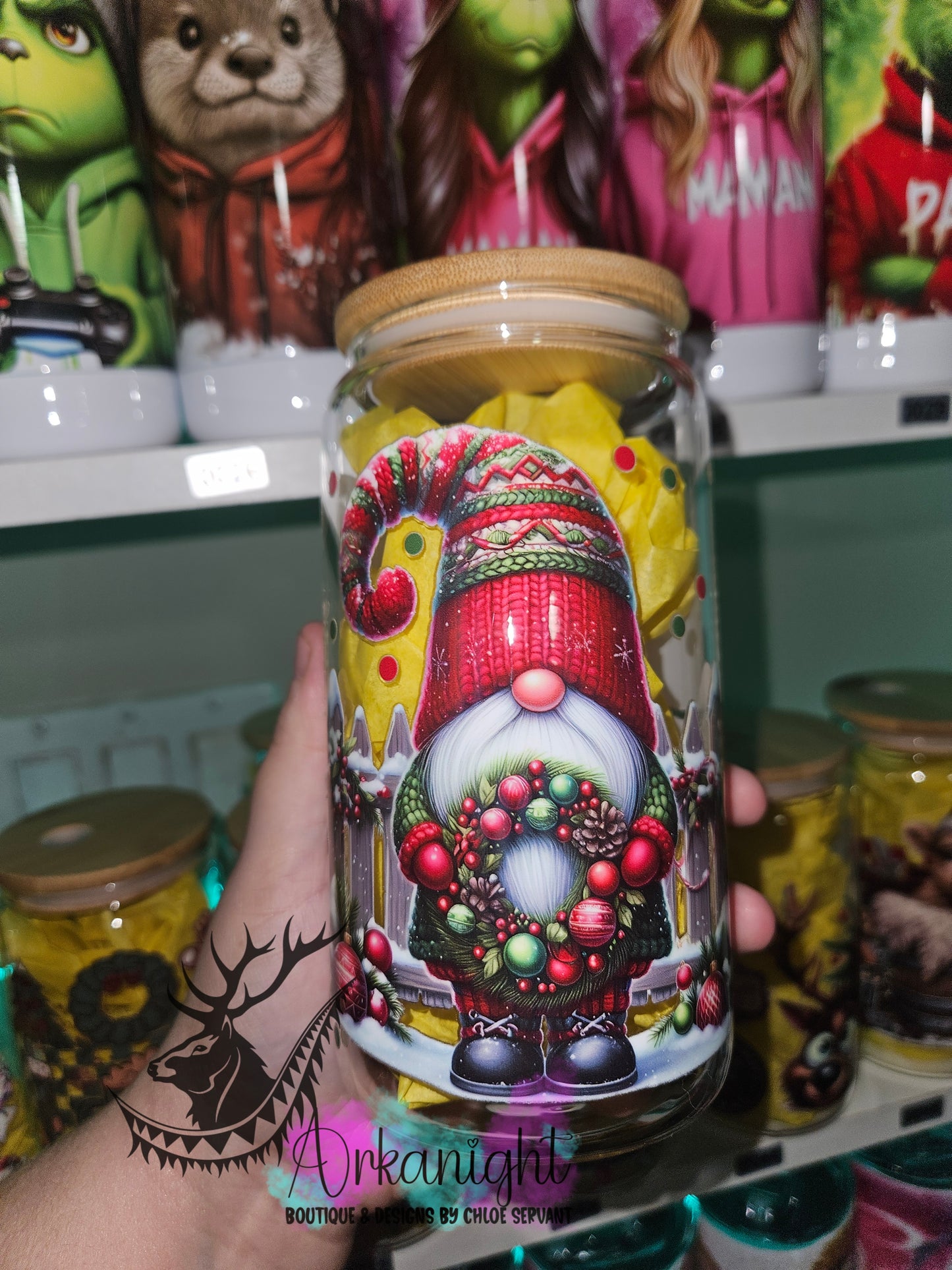 Verre en vitre & Couvercle en bamboo - UV DTF - Red Christmas Gnome