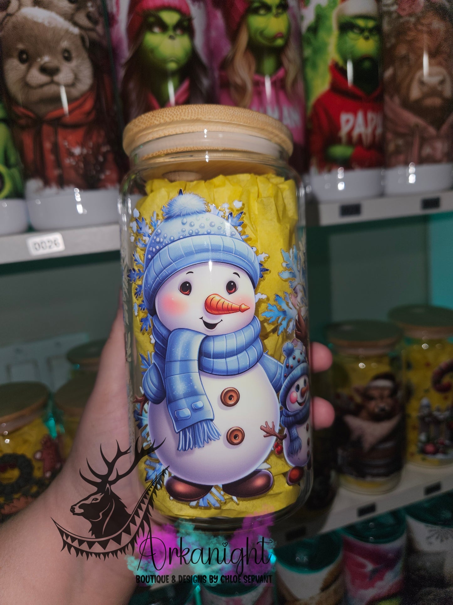 Verre en vitre & Couvercle en bamboo - UV DTF - Frosty the Snowman