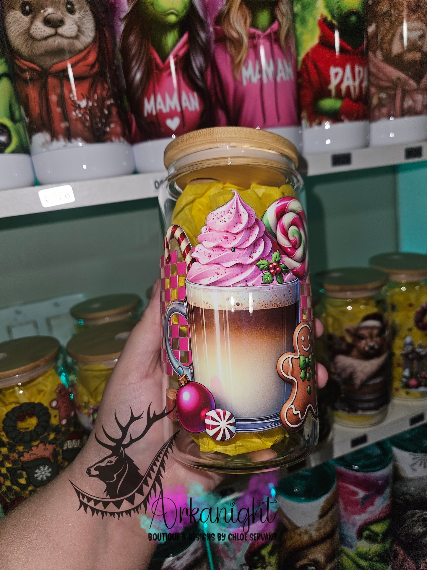 Verre en vitre & Couvercle en bamboo - UV DTF - Pink Christmas Coffee