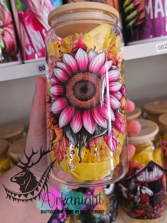 Verre en vitre & Couvercle en bamboo - UV DTF - Pink Sunflower