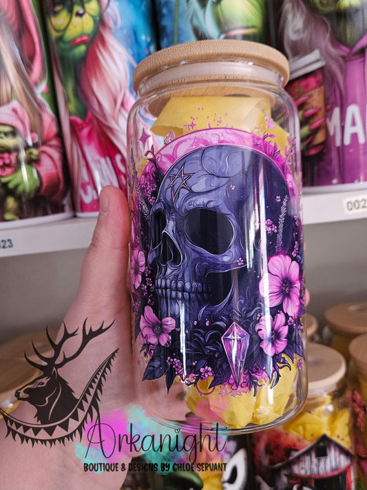 Verre en vitre & Couvercle en bamboo - UV DTF - Neon Pink Pentagram Skull