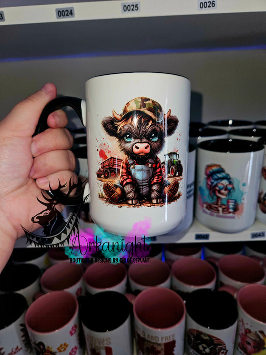 Tasse en céramique sur commande - Red Plaid Black Highland Cow Farmer