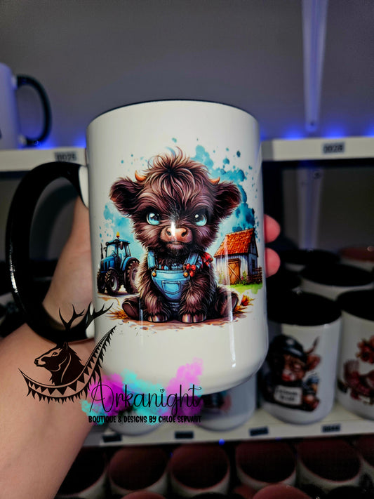 Tasse en céramique sur commande - Jeans overall Black Highland Cow Farmer - 02