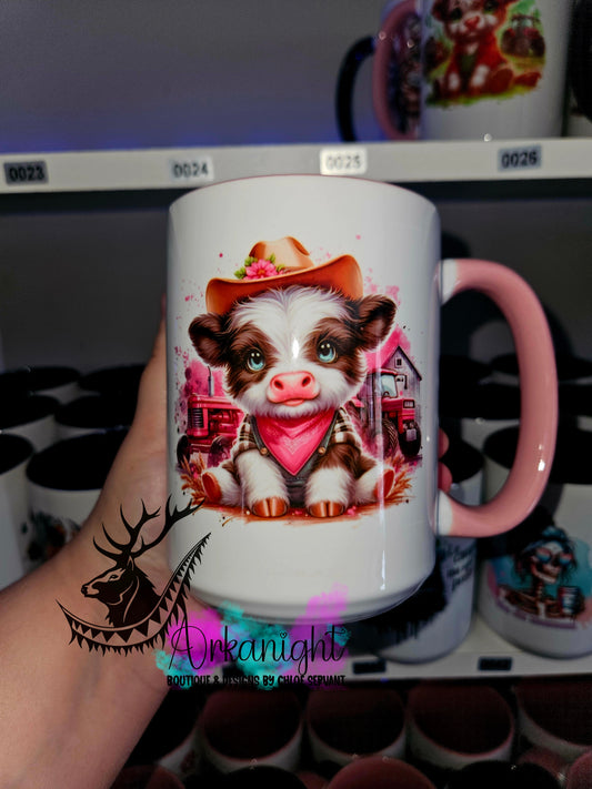 Tasse en céramique sur commande - Pink White & Black Highland Cow Farmer