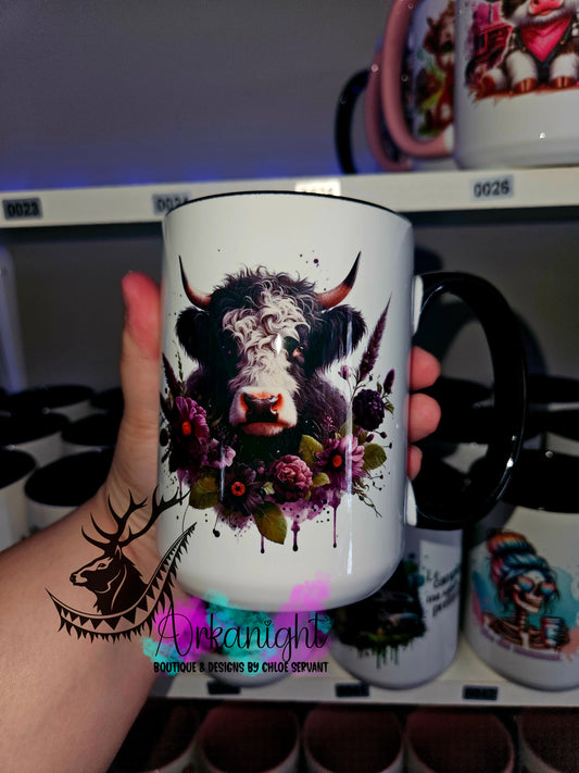 Tasse en céramique sur commande - Dark Flower Highland Cow  - 01