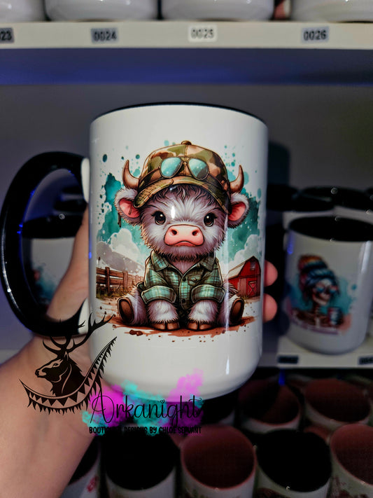 Tasse en céramique sur commande - Green Plaid Grey Highland cow Farmer