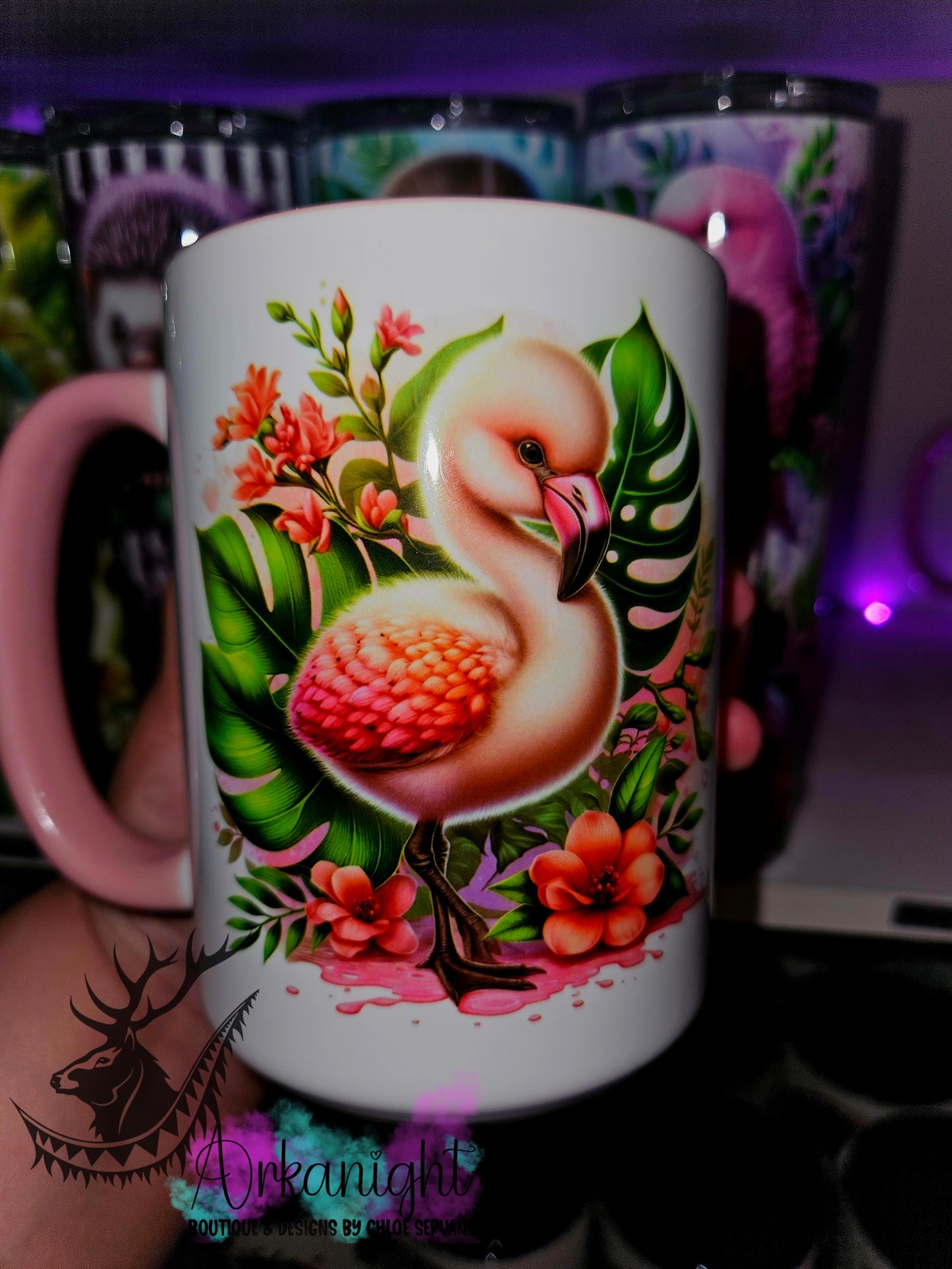 Tasse en céramique sur commande - Monstera & animals - Flamant- 02