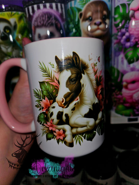 Tasse en céramique sur commande - Monstera & animals - Poulain Paint Horse Noir & Blanc