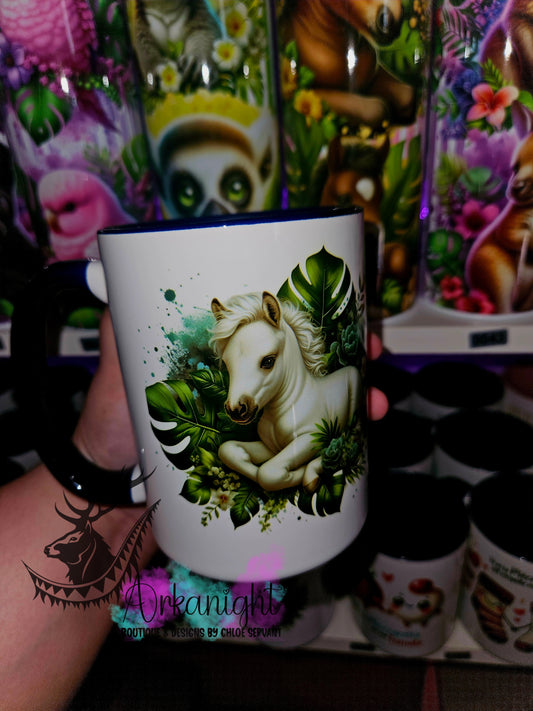 Tasse en céramique sur commande - Monstera & Animals - Poulain Blanc