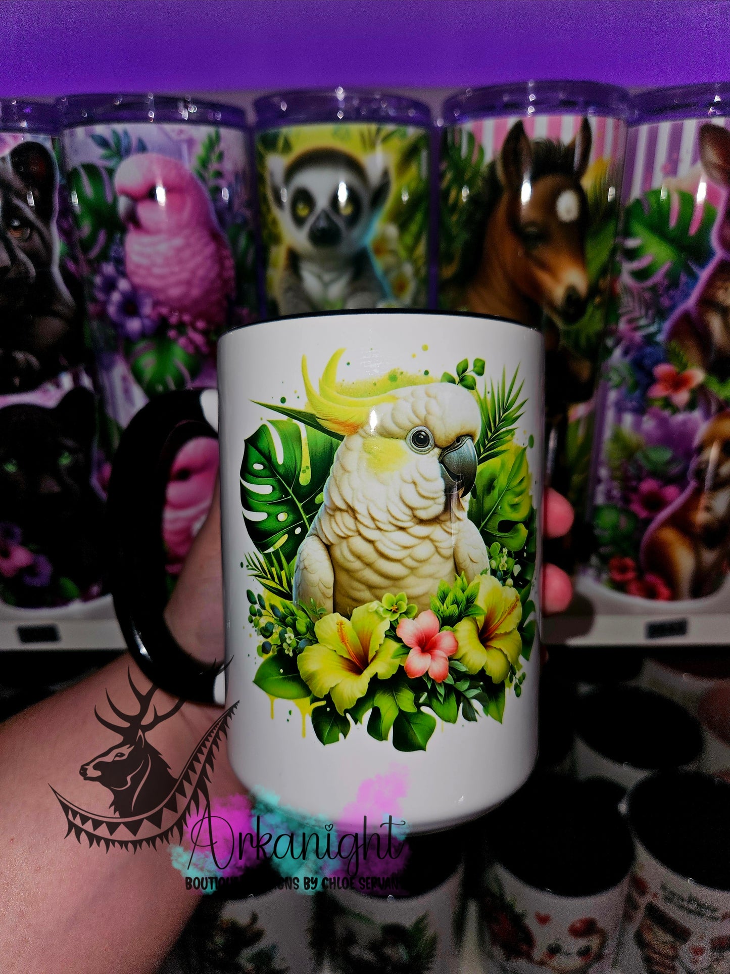 Tasse en céramique sur commande - Monstera & animals - Cacatoès