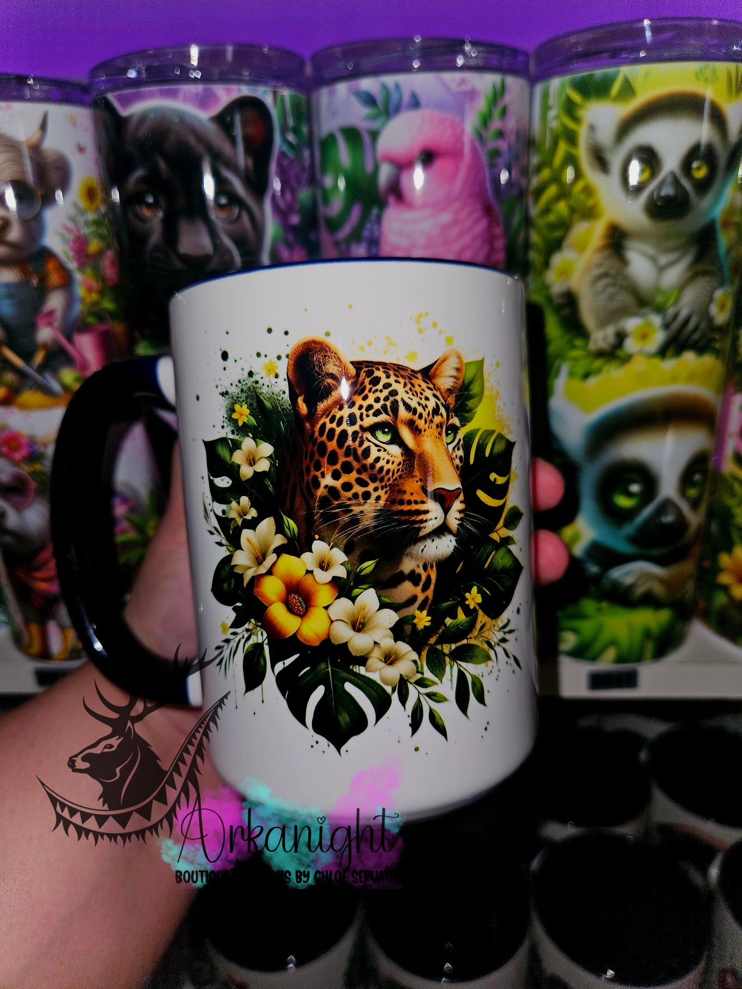 Tasse en céramique sur commande - Monstera & animals - Léopard