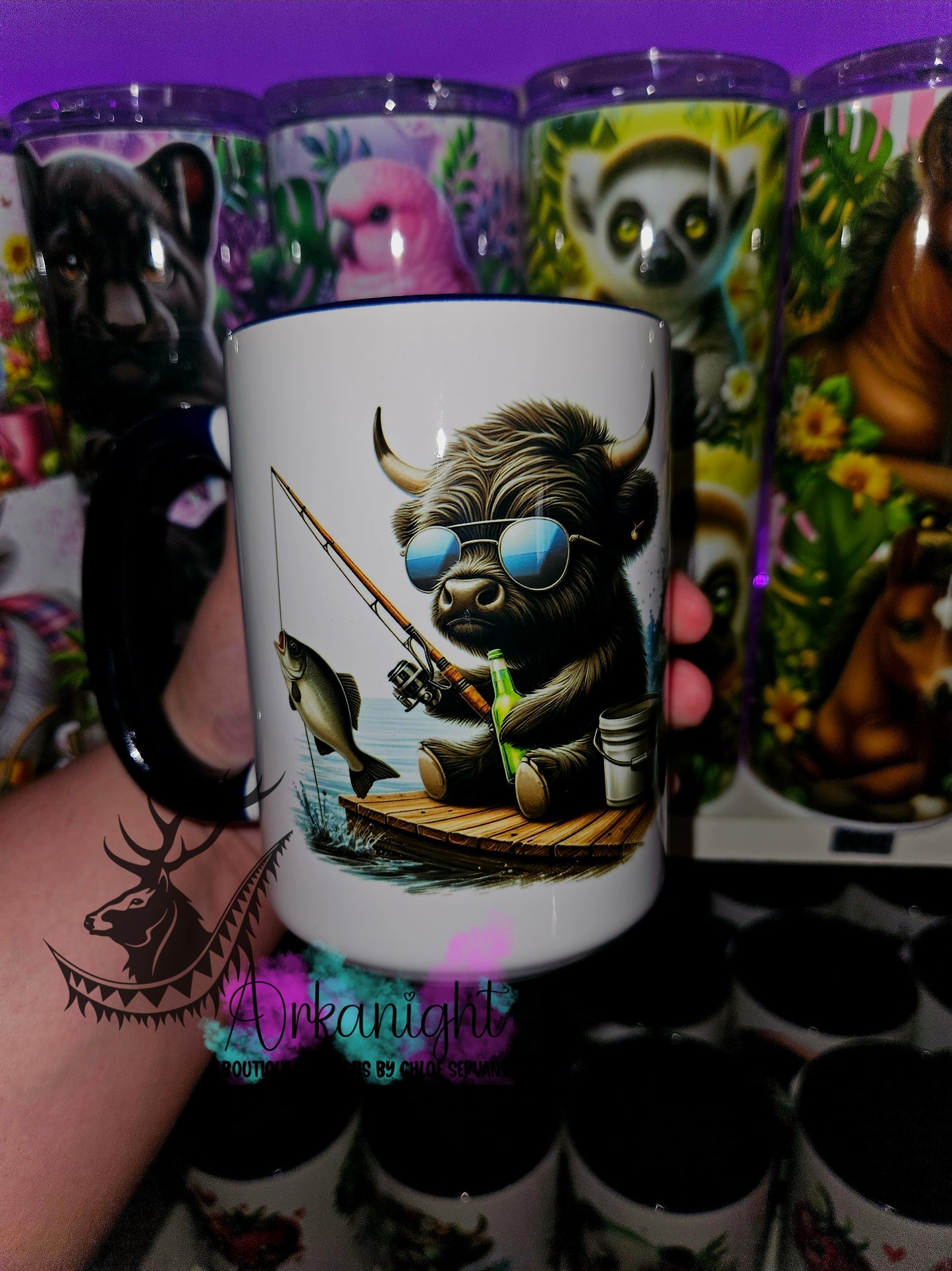 Tasse en céramique sur commande - Highland Cow Pêcheur - 02