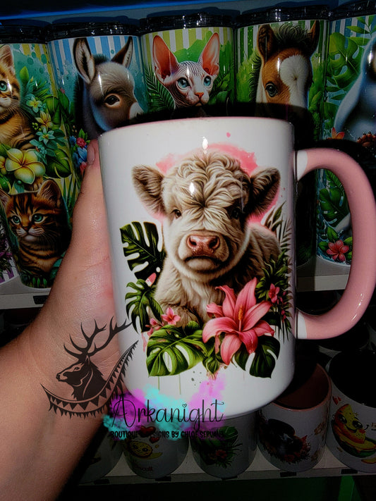 Tasse en céramique sur commande - Monstera & animals - Highland Cow Grise