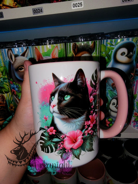 Tasse en céramique sur commande - Monstera & Chat - Noir/Blanc Poil Court