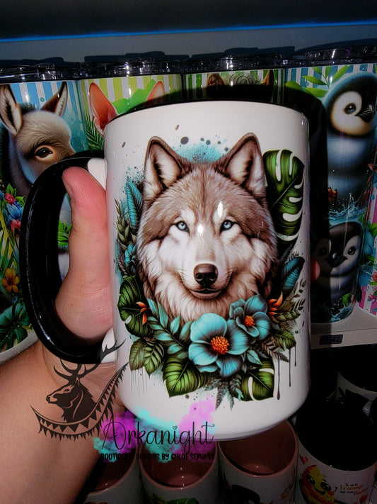 Tasse en céramique sur commande - Monstera & animals - Loup Gris