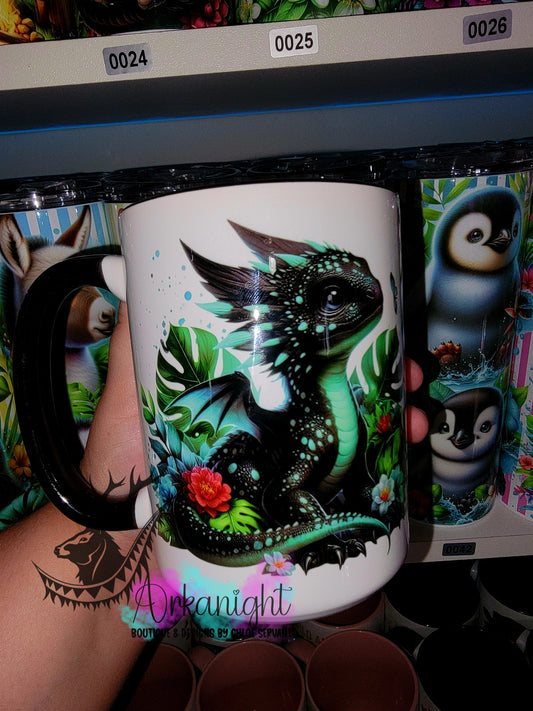 Tasse en céramique sur commande - Monstera & Dragon - Noir & Turquoise